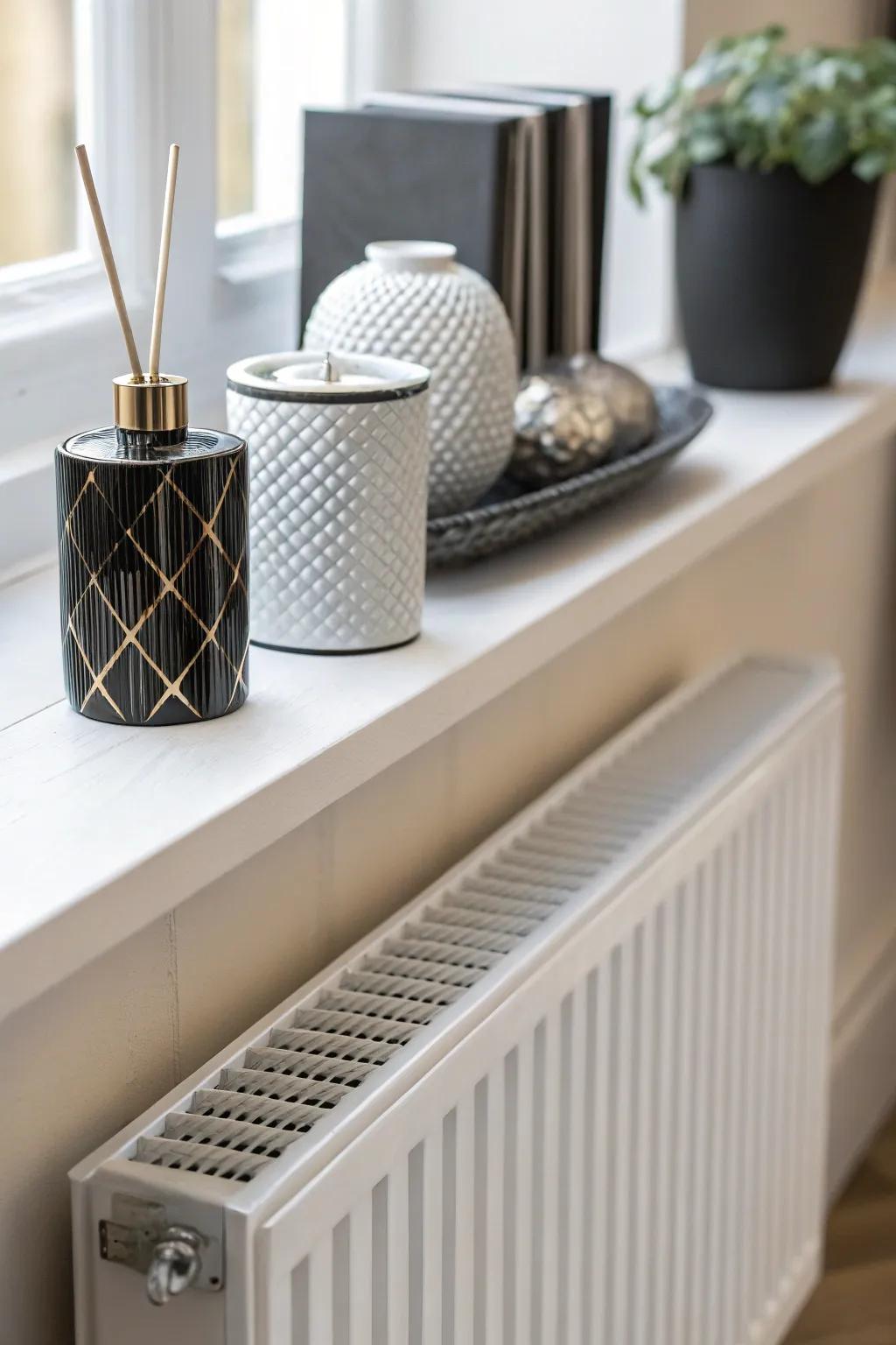 Simplicity shines with a minimalist approach to radiator shelf decor.