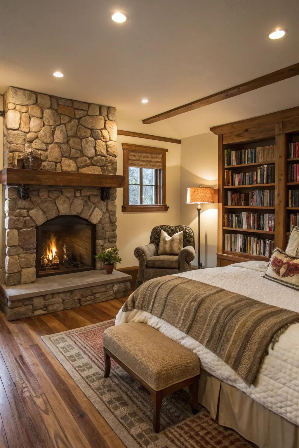 A bedroom featuring a stone fireplace and a cozy seating area.