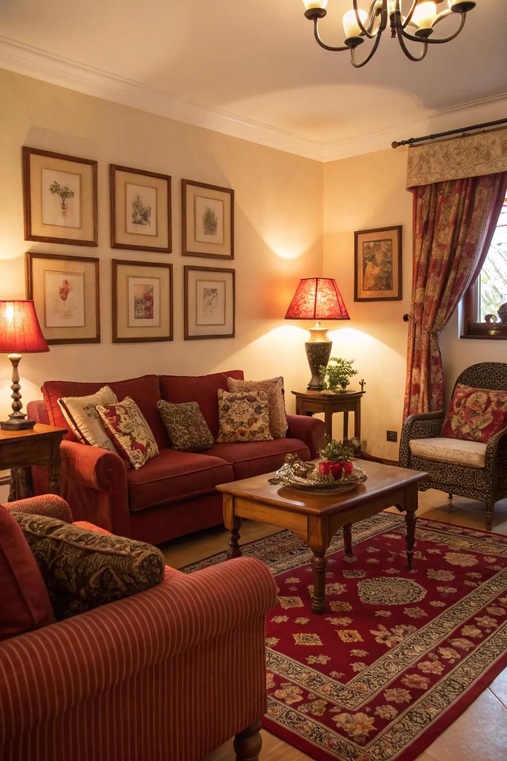 Warm lighting enhances the cozy vibe of a red and brown living room.