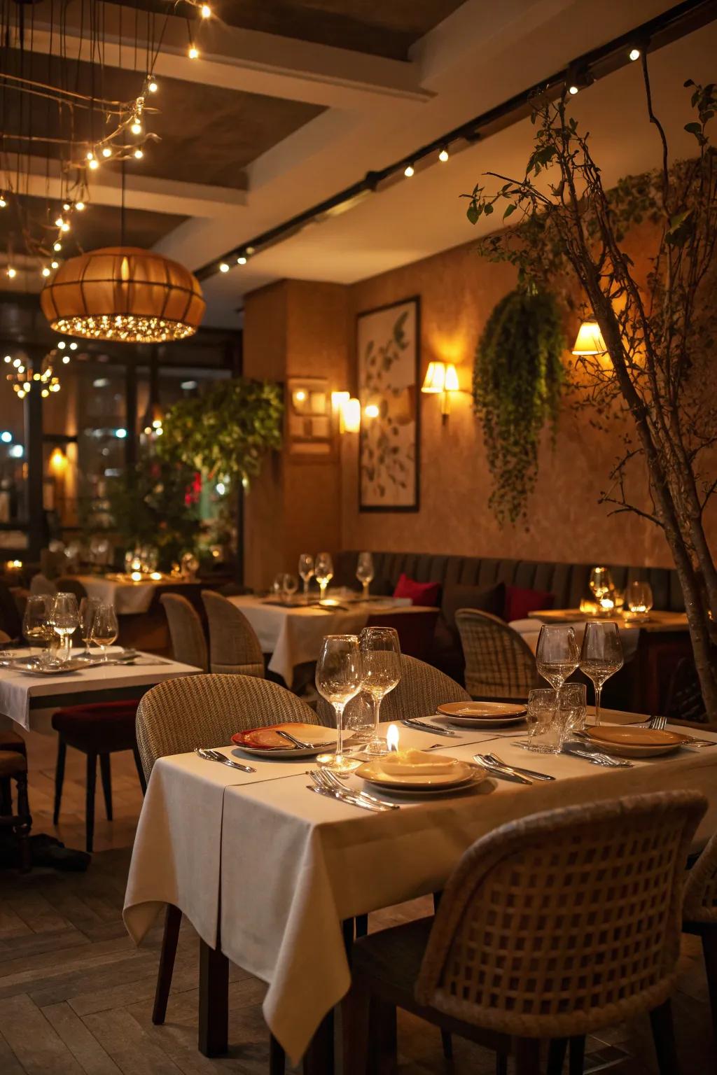 Ambient lighting sets the mood for a cozy and inviting dining experience.