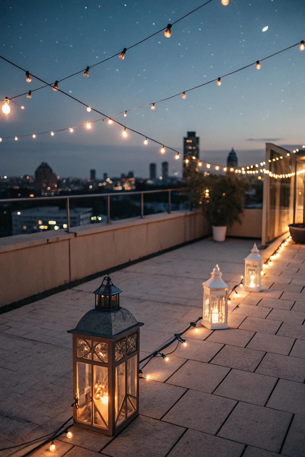 Magical rooftop lighting for evening ambiance.