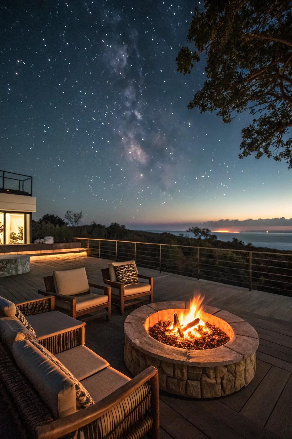 A fire pit creates a warm and inviting atmosphere on the rooftop.