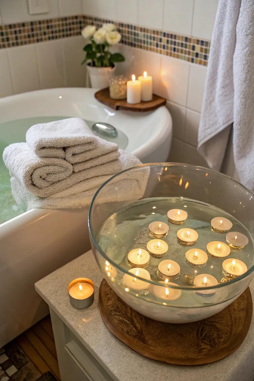 Floating candles in a glass bowl offer a calming and serene ambiance.