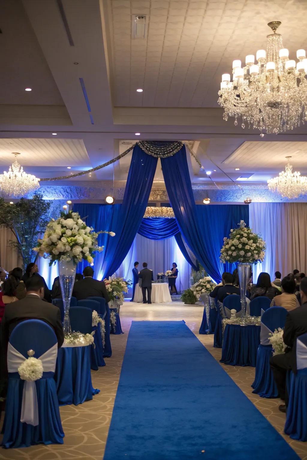 A reception space elevated with royal blue decor.