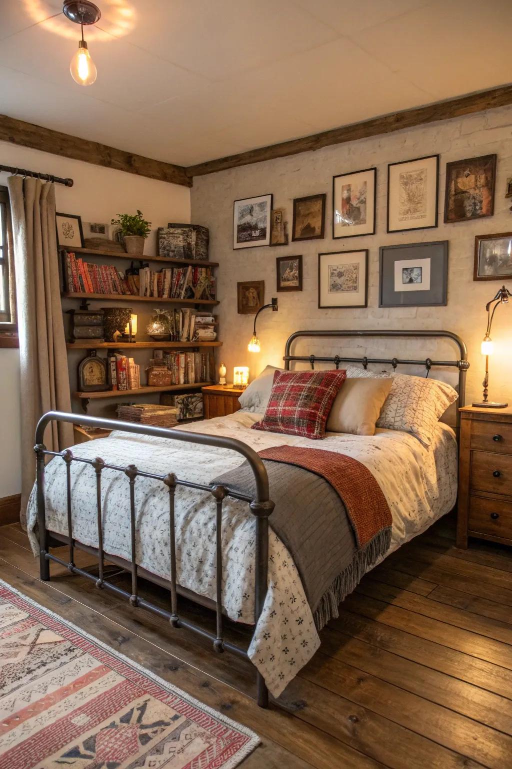 A metal bed frame adds an industrial touch to this rustic bedroom.
