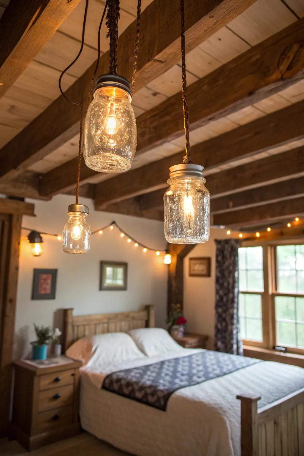 Mason jar lighting adds a cozy, rustic ambiance.