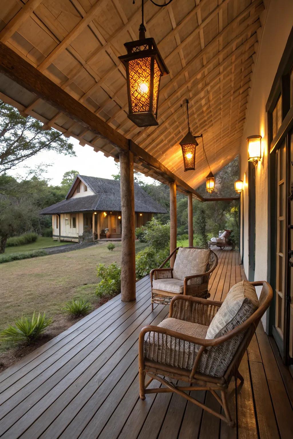 A porch illuminated by charming lantern-style lighting.