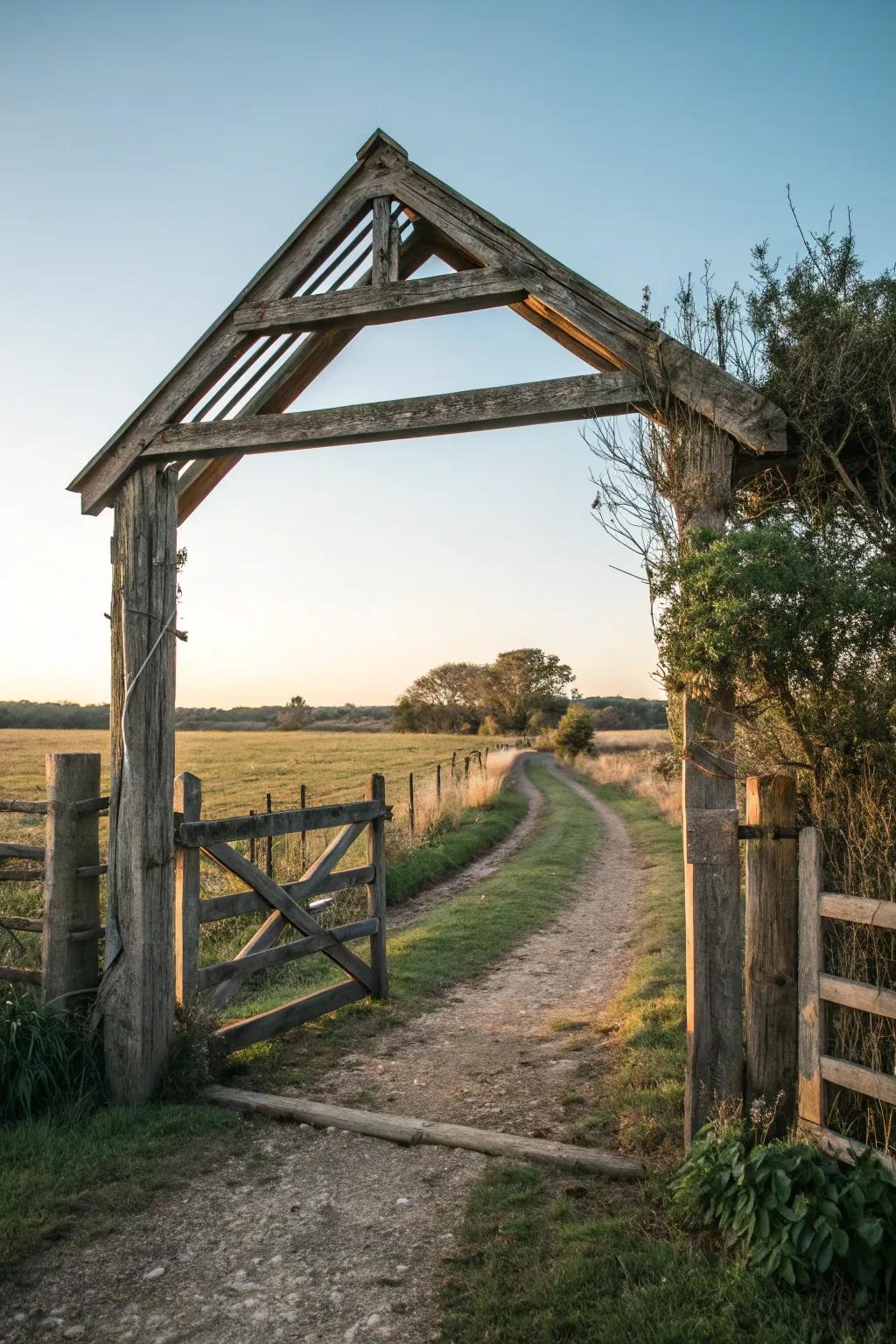 A striking A-frame archway above a farm gate.