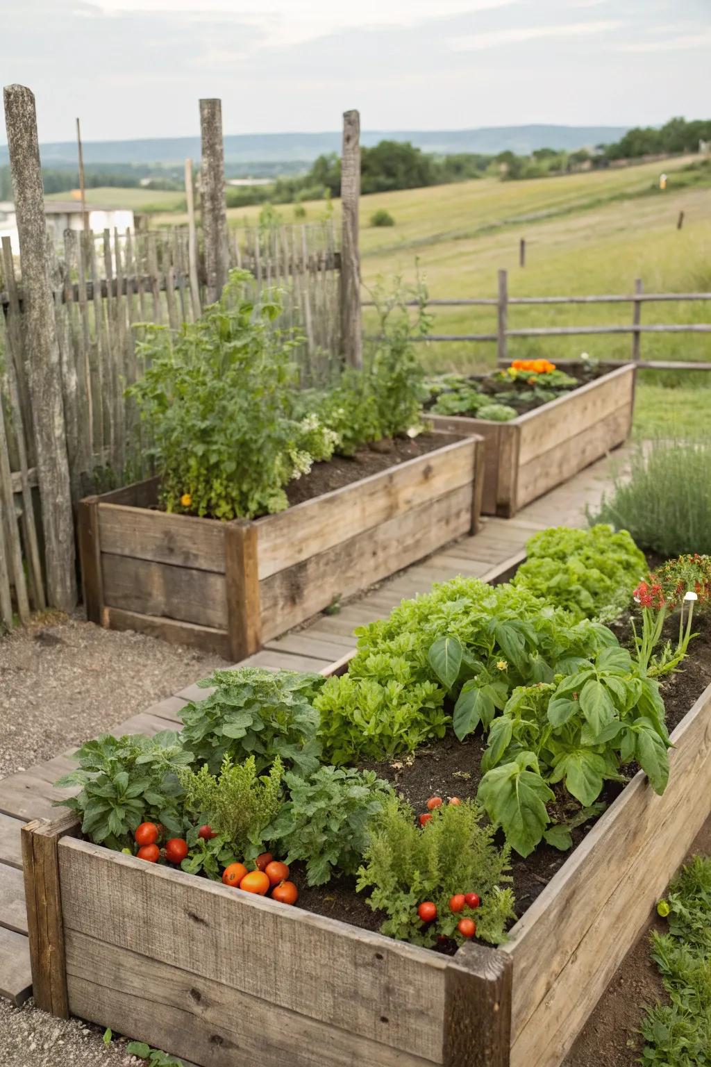 Raised garden beds filled with lush greenery.