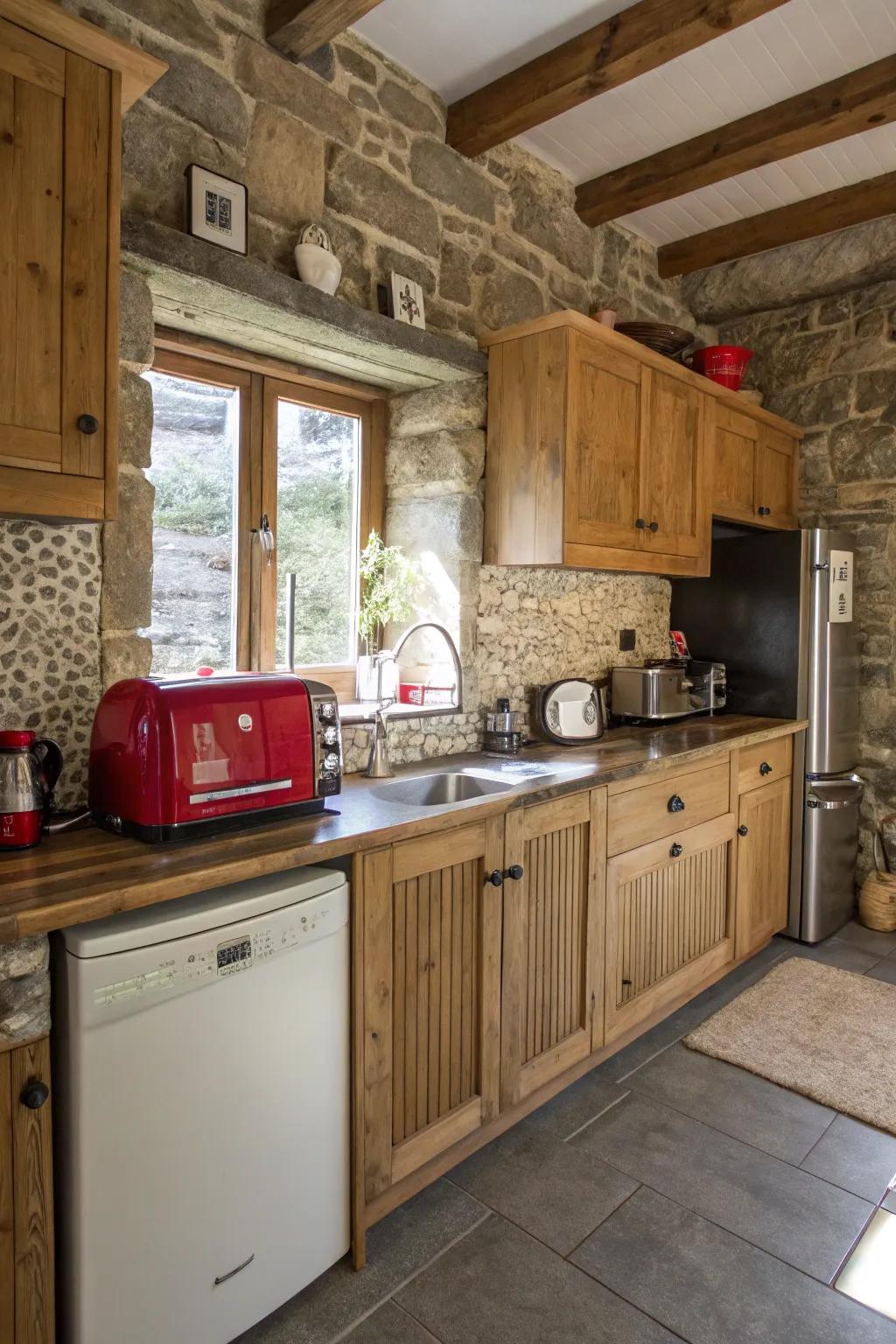 A blend of modern and vintage appliances brings balance to a rustic kitchen.