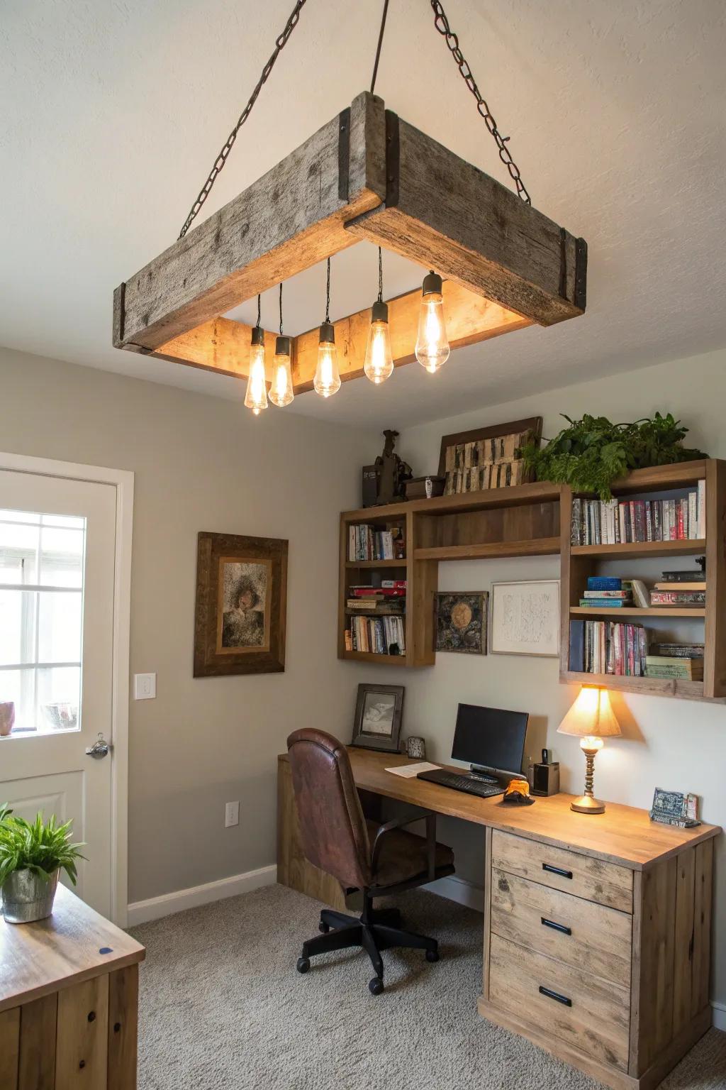 A DIY reclaimed wood fixture adds a unique touch to this home office.