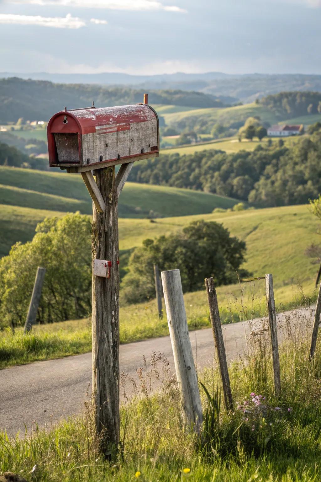 Weathered wood gives this mailbox post a timeless, rustic appeal.