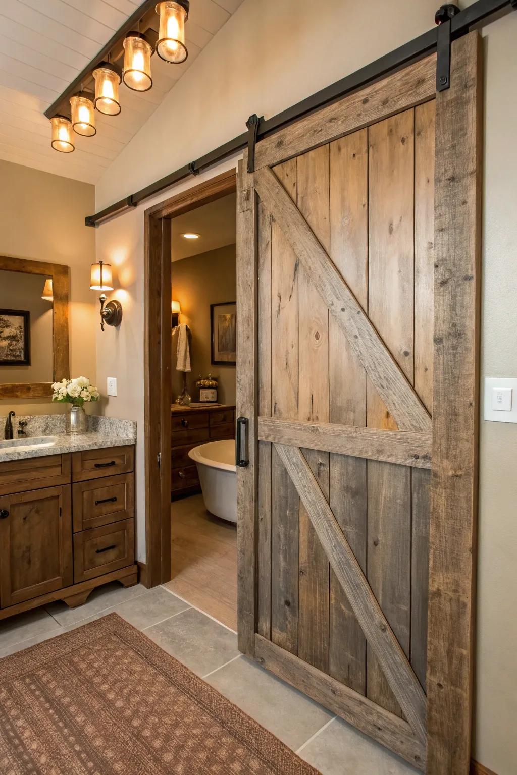 A sliding barn door that adds rustic charm and saves space.