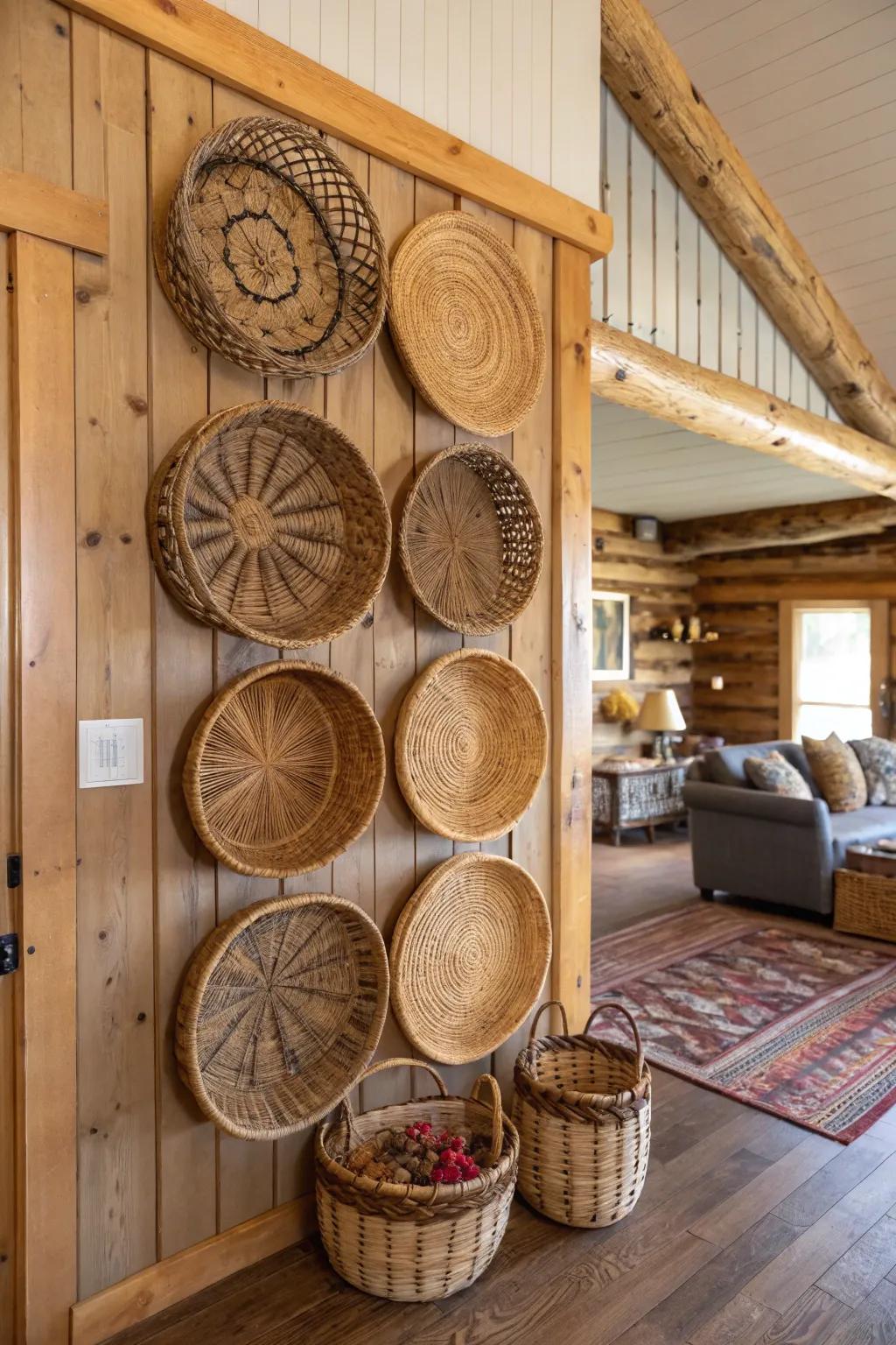 A collection of woven baskets creates a stunning and textured wall display.