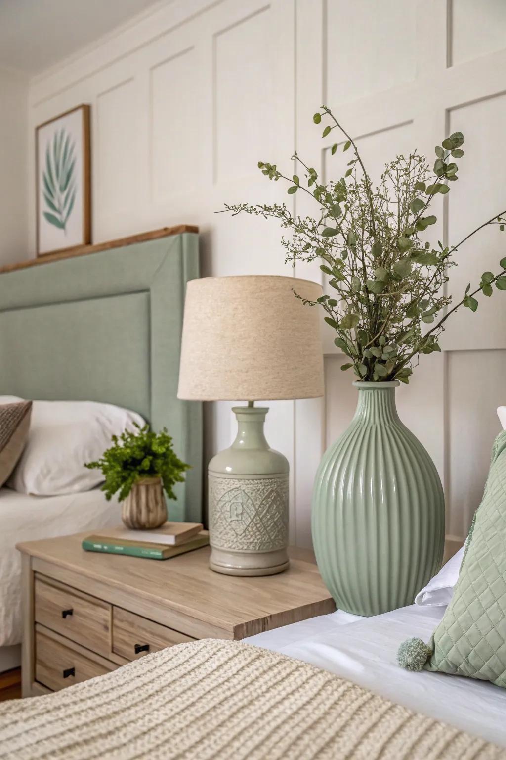 Minimalist sage green decor elements add subtle elegance to a serene bedroom.