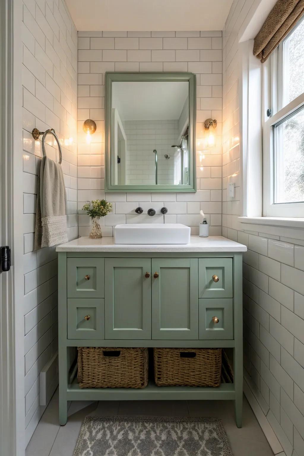 A small bathroom with a sage green vanity, complemented by light-colored accents.