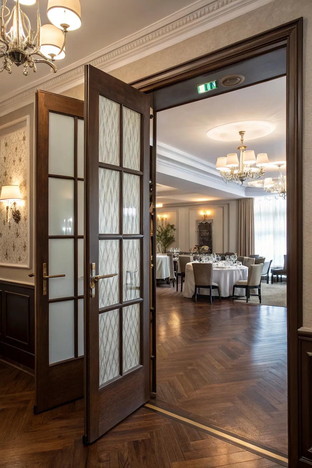 Elegance and privacy with frosted glass saloon doors.