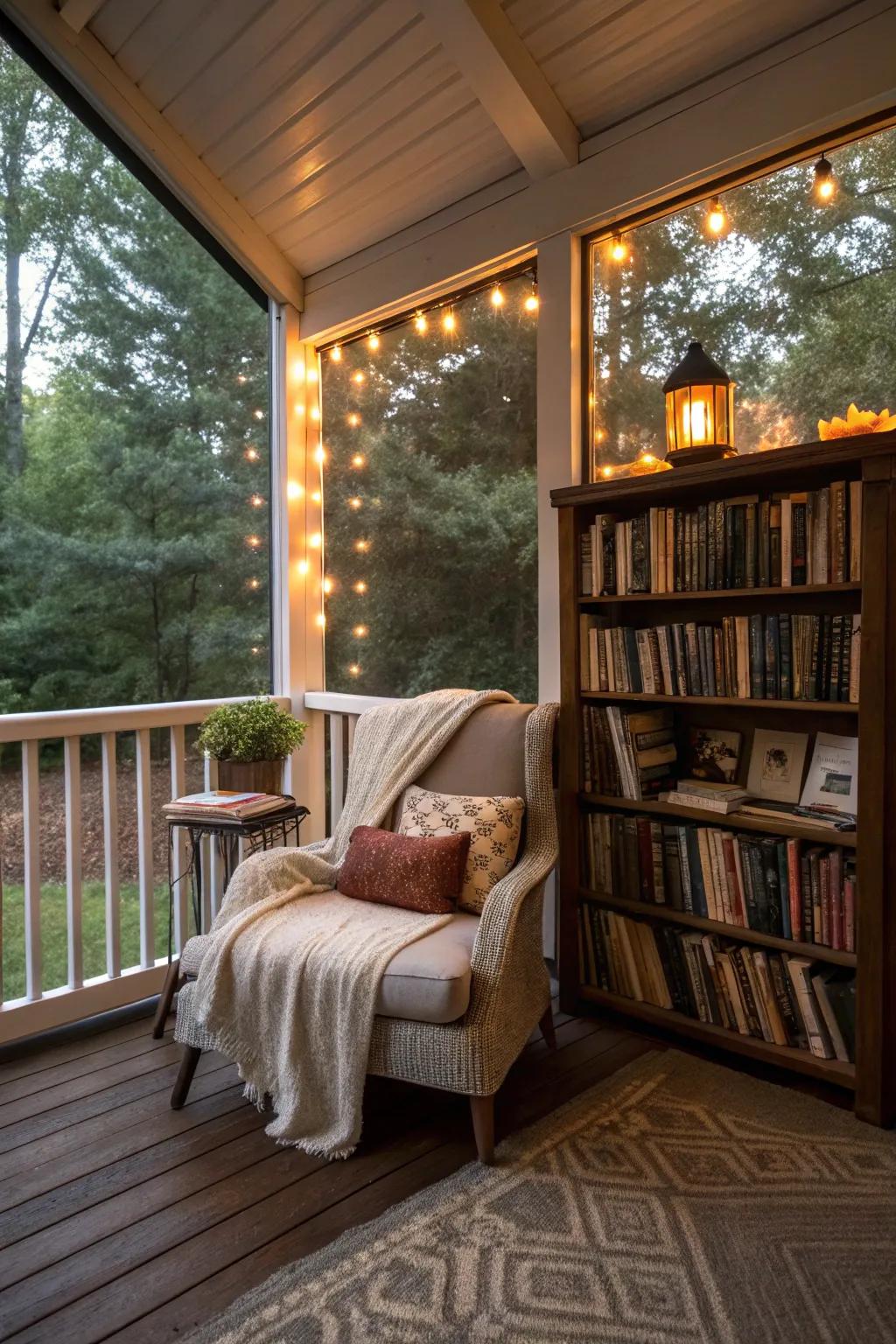 A reading nook on the porch offers a peaceful retreat for book lovers.