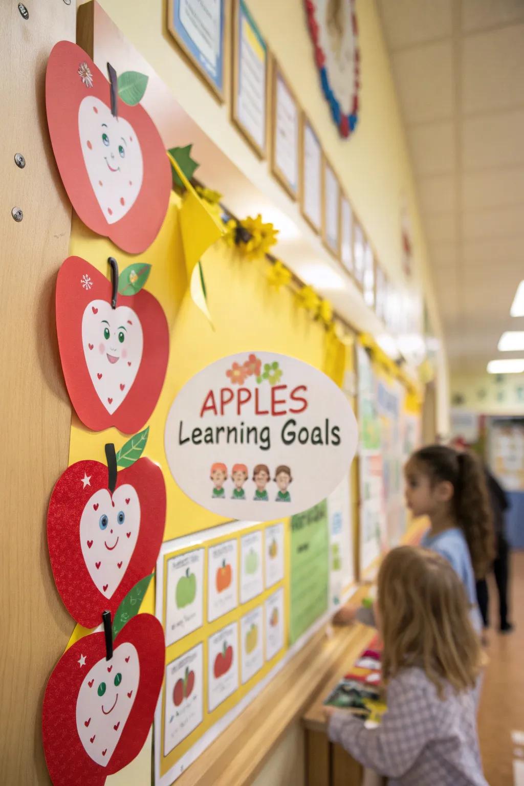 An apple orchard bulletin board with educational elements.