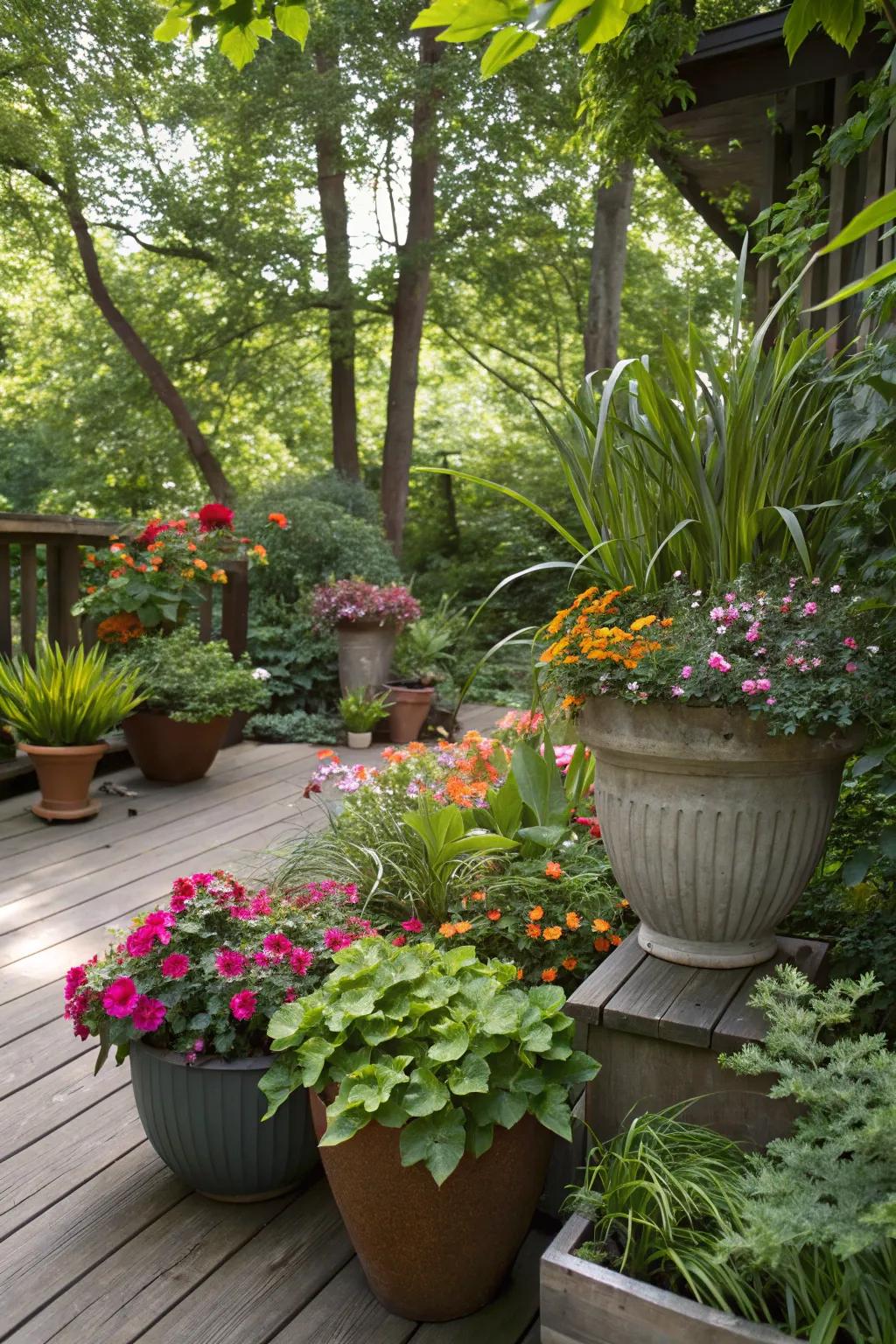 Containers adding height and color to a shaded garden.