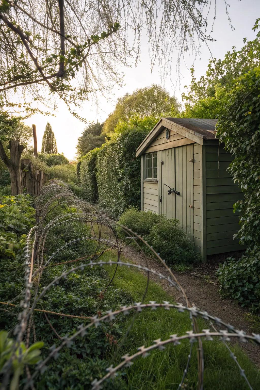 Thorny shrubs provide a natural barrier around a garden shed.