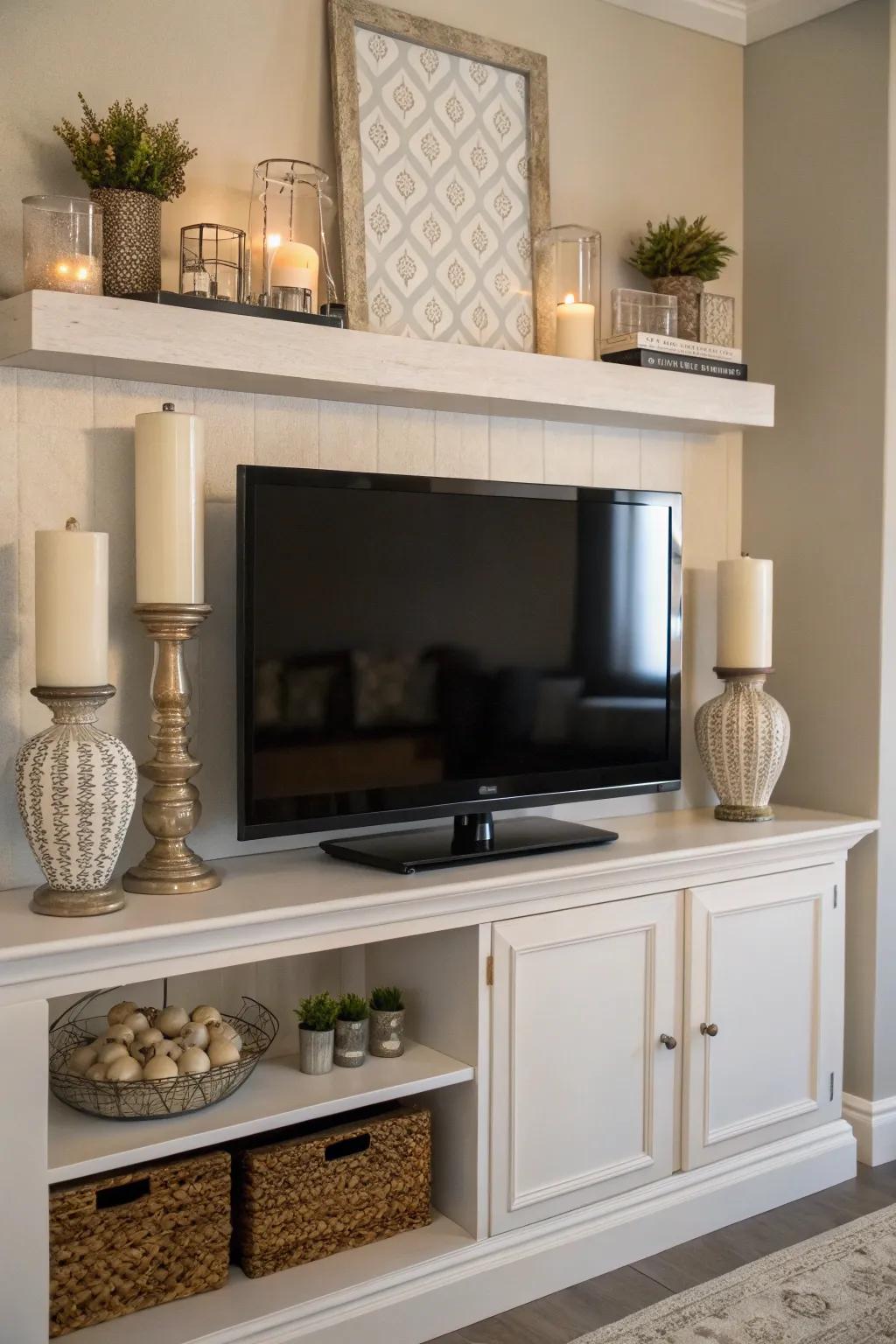 Symmetrical decor creates a harmonious look above the TV.