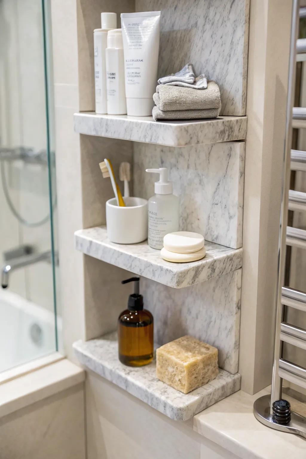 Corner shelves efficiently utilize space in smaller showers.