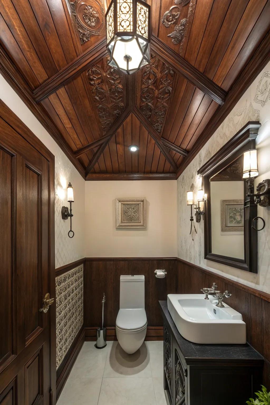 A dark wood ceiling adds drama and luxury to this bathroom.