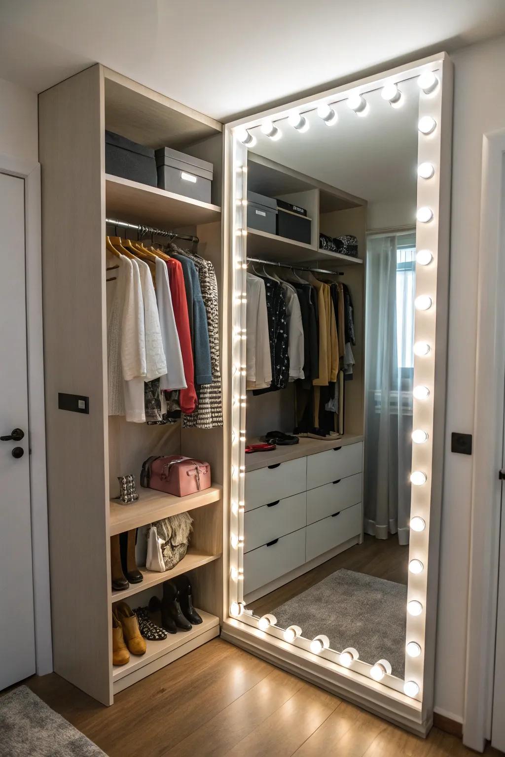 A mirror with lighting enhances both function and style.