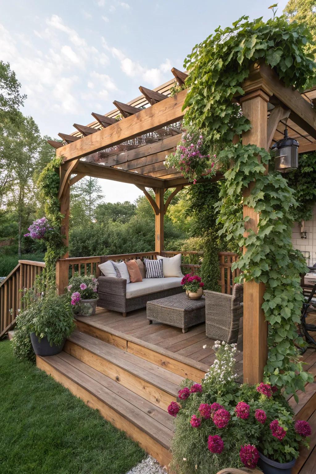 A shaded small deck with a wooden pergola.