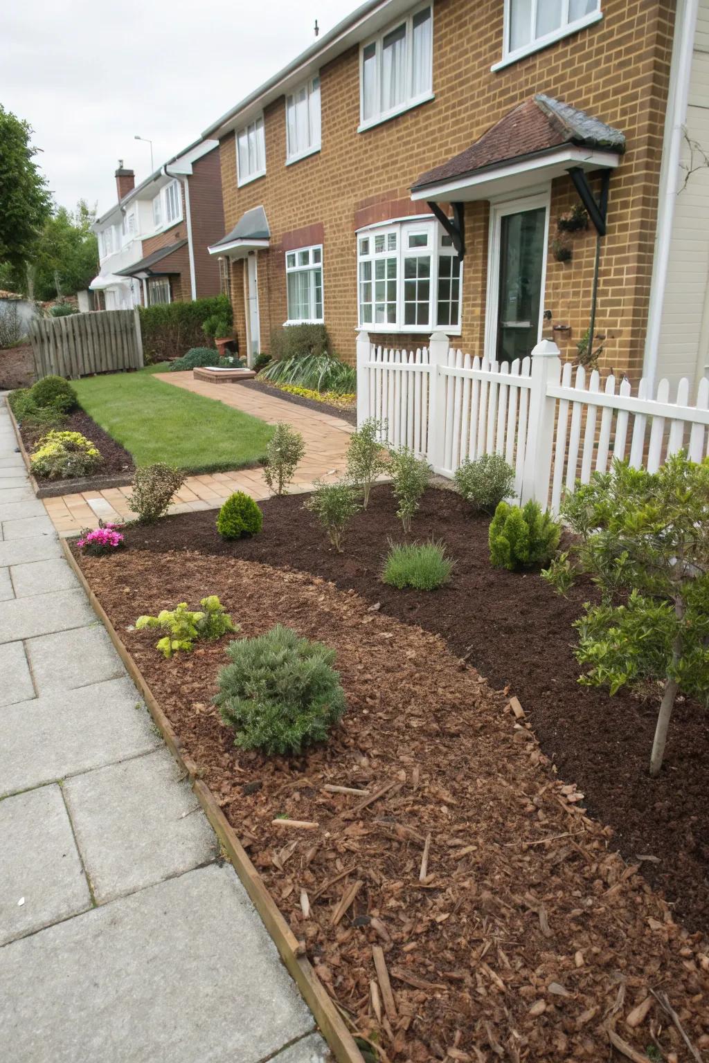 A tidy front garden with mulch covering plant beds for easy maintenance.