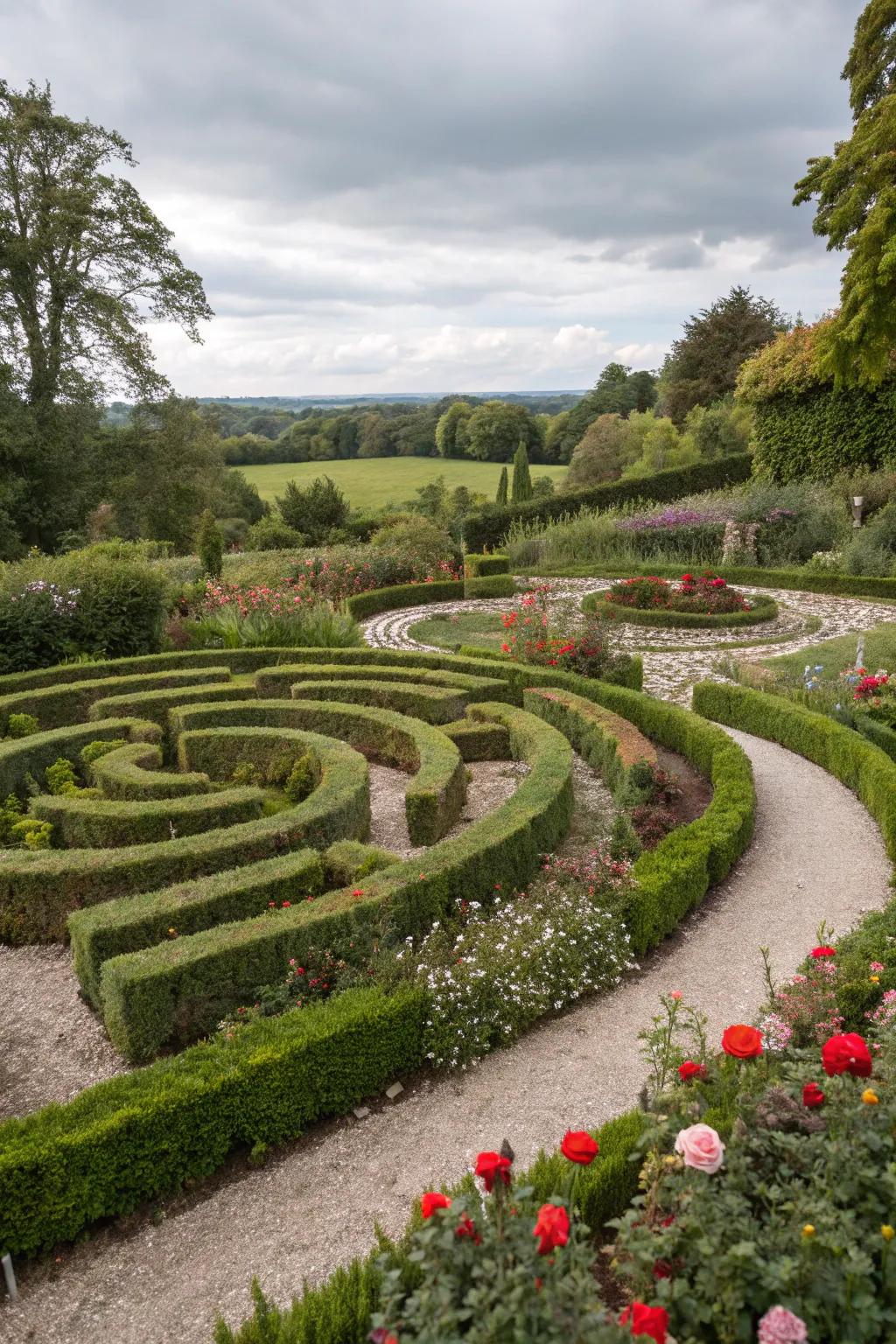 A vibrant maze design with a mix of grass, stones, and shrubs.