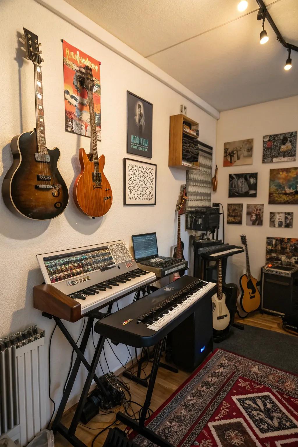 A wall display for instruments saves space and adds an artistic touch.