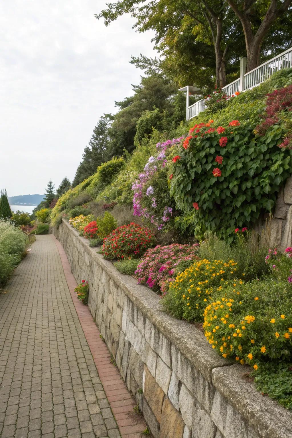 Integrating plants with retaining walls enhances garden charm.