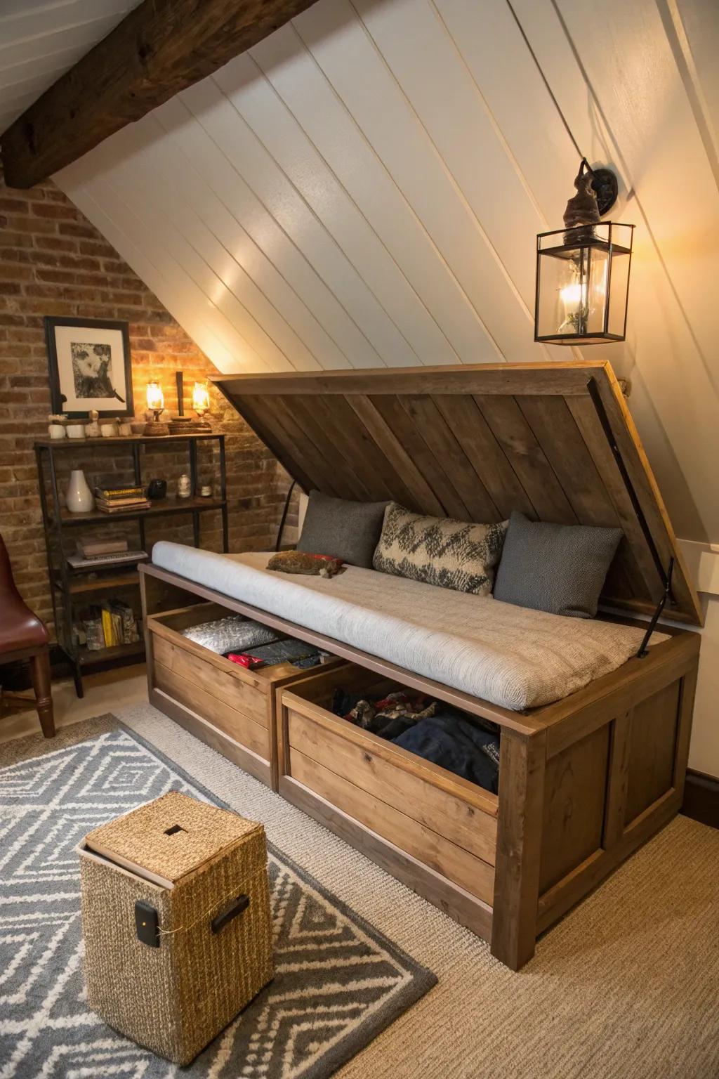 A bench with storage is both practical and charming in a slanted attic.