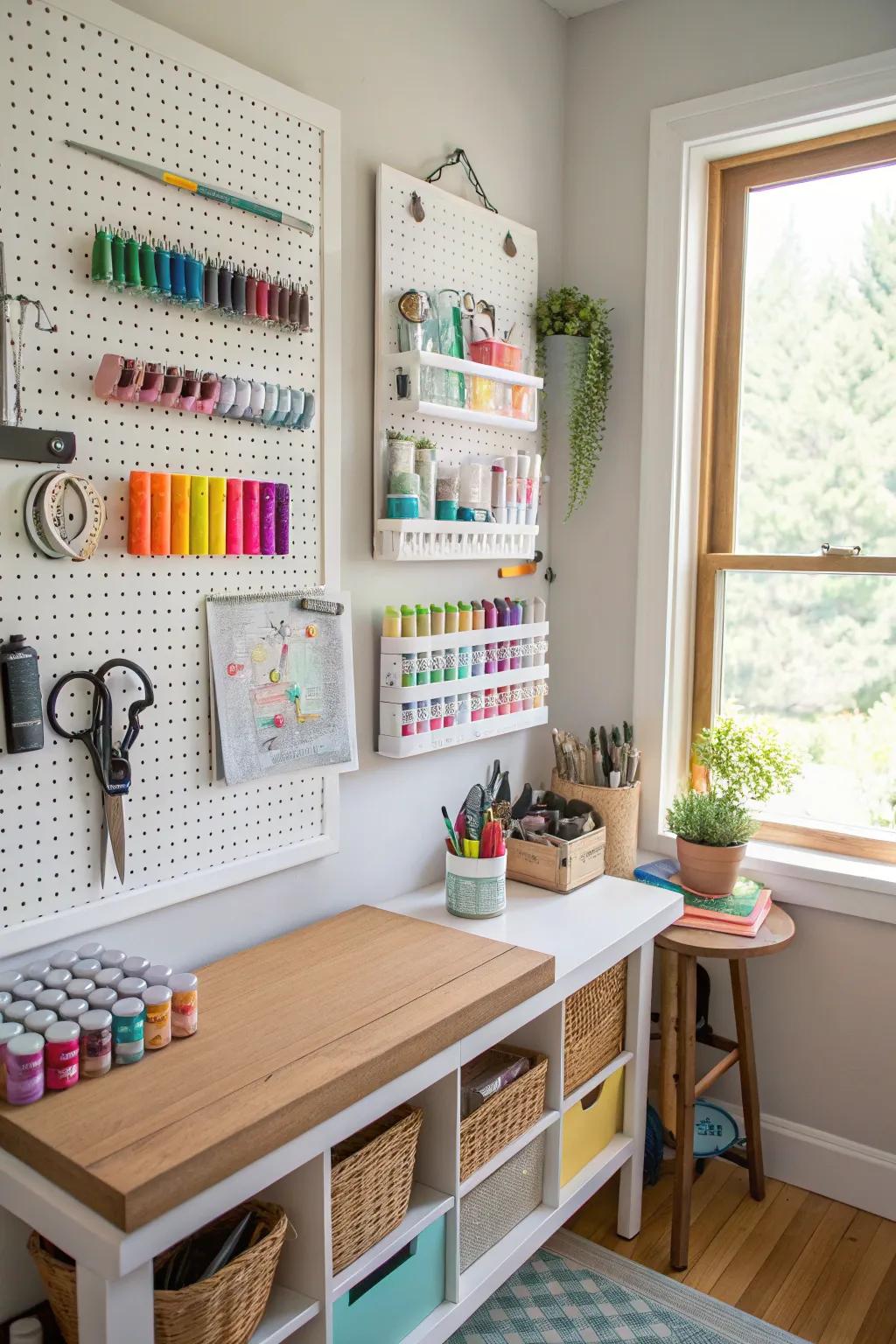 A pegboard in a craft room, offering versatile storage for supplies.