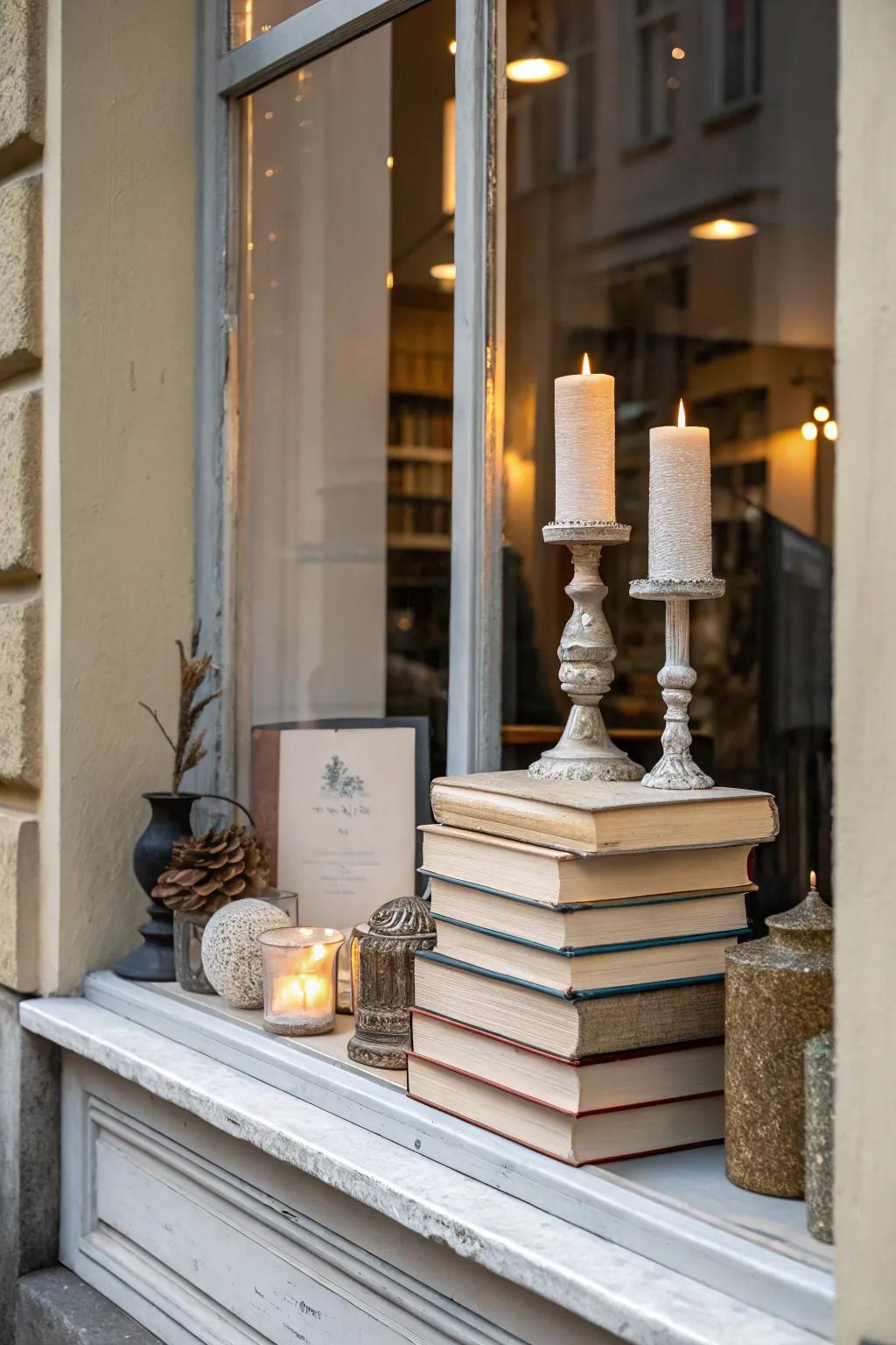 A stylish blend of books and decor in a small window display.