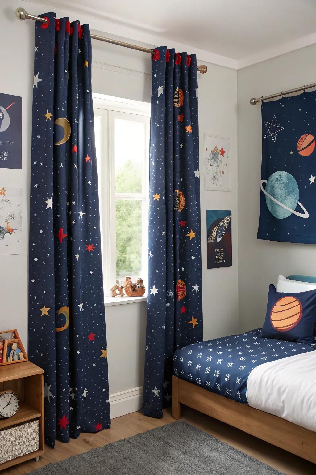 Cosmic curtains complete the look while offering practical benefits.