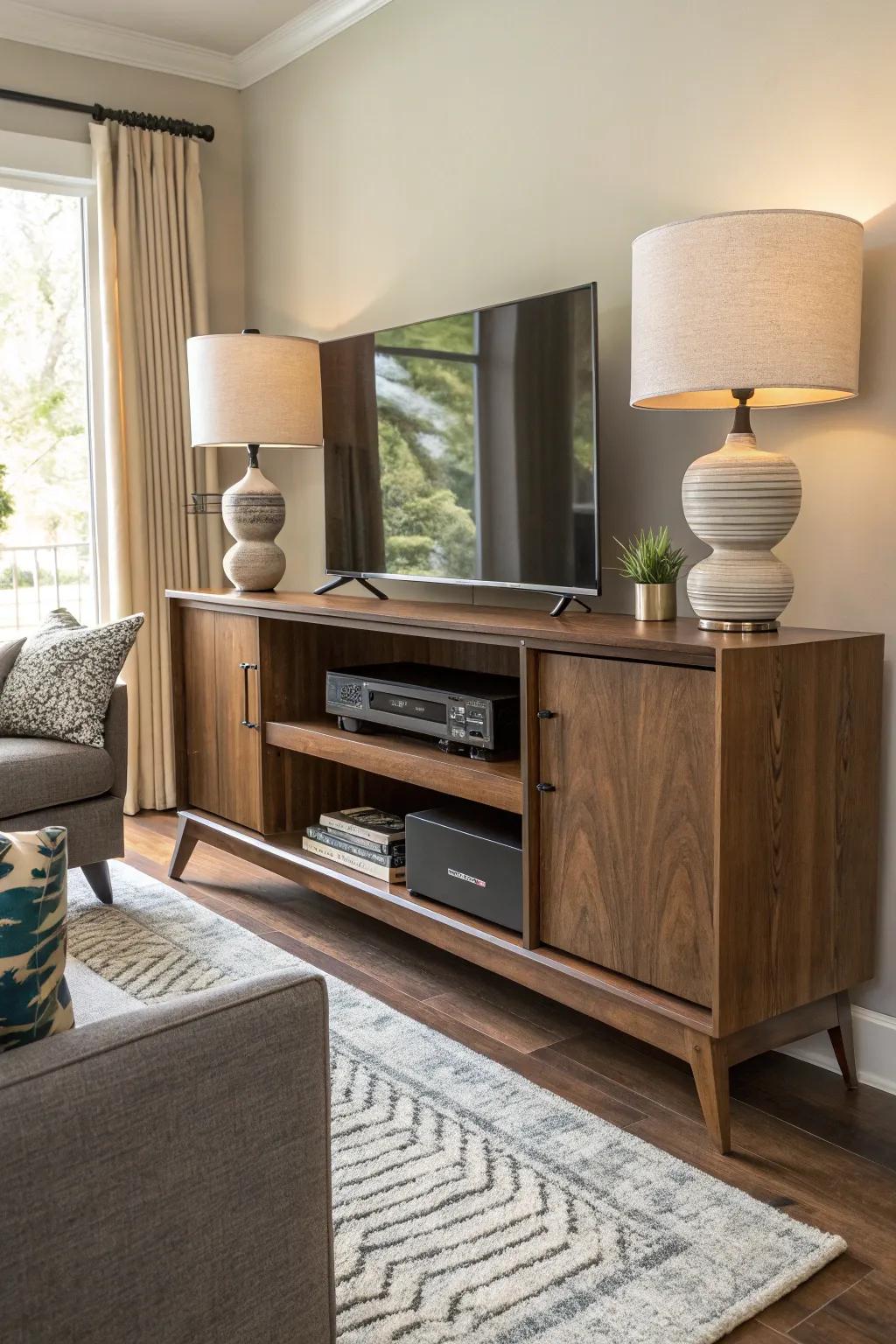 Soundbar elegantly hidden in a living room cabinet