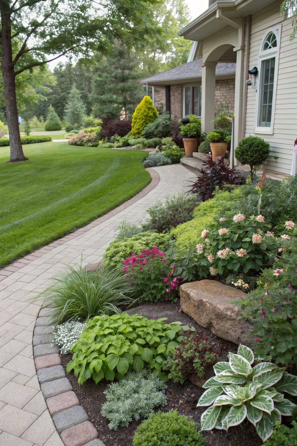 An inviting front yard with layered plants and decorative borders.