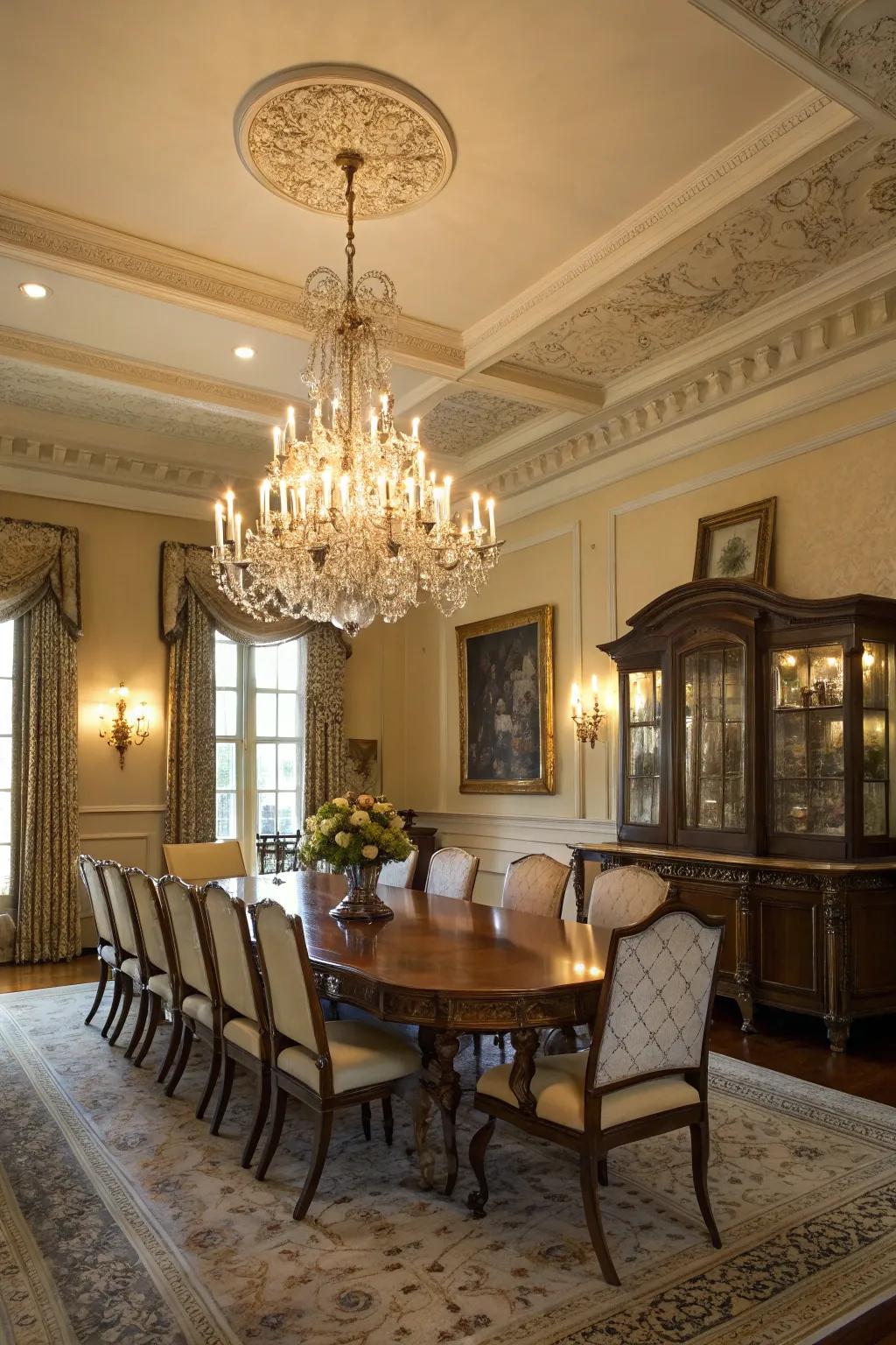 A striking chandelier that adds elegance to a Southern dining room.