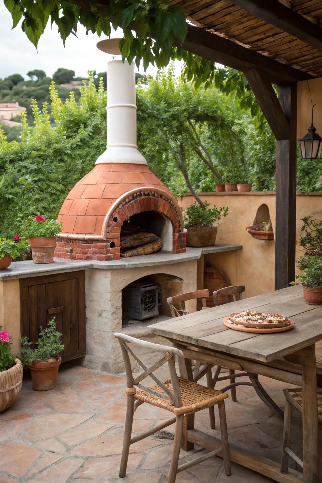 A traditional wood-fired oven adds authentic flavor and charm to this outdoor kitchen.