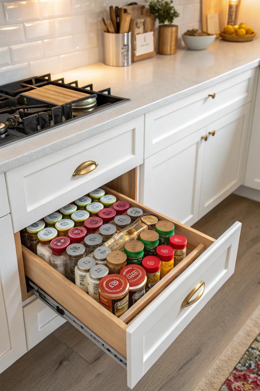 Neatly organized spices in a pull-out drawer.