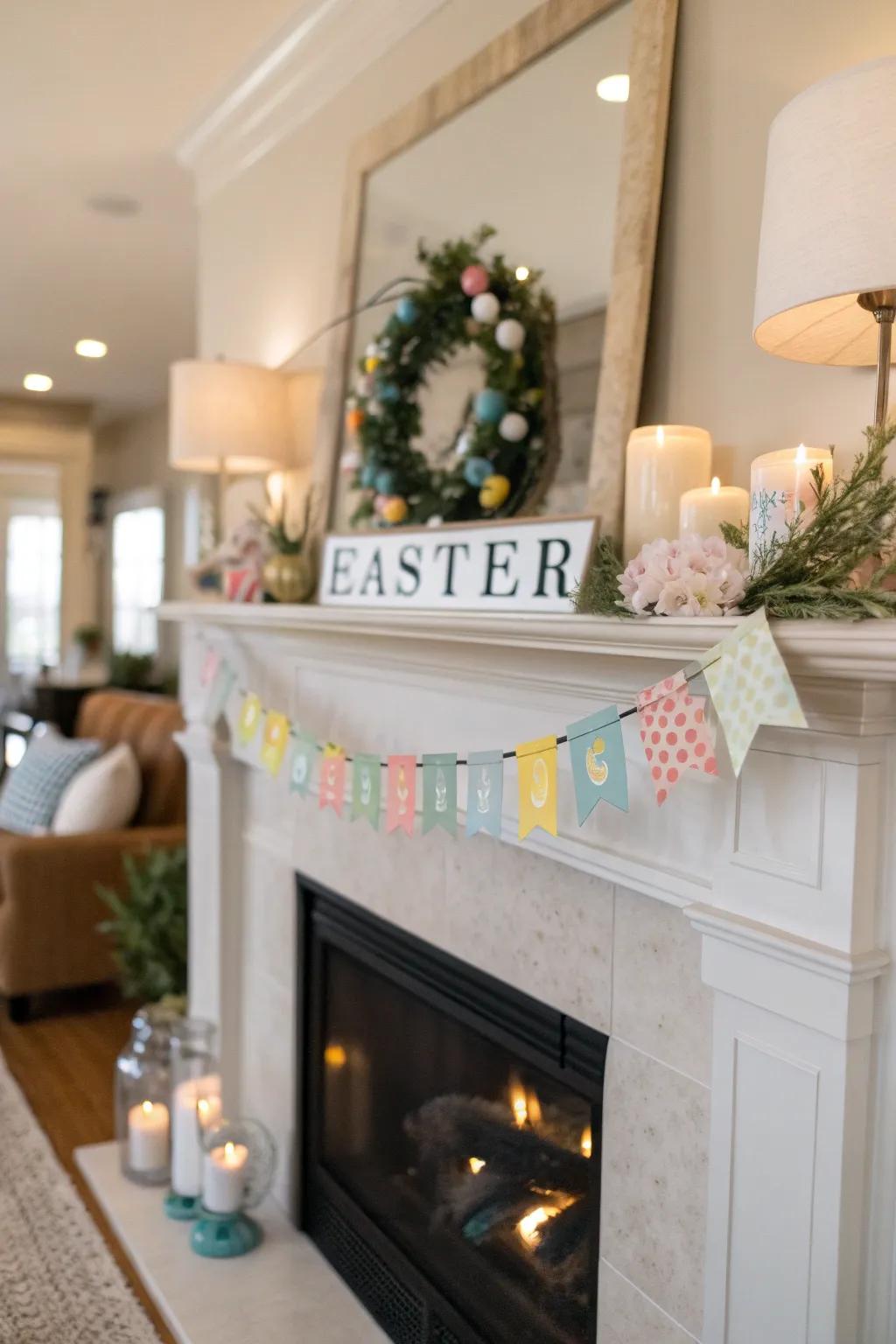 A festive garland adds a touch of glamour to the mantel.