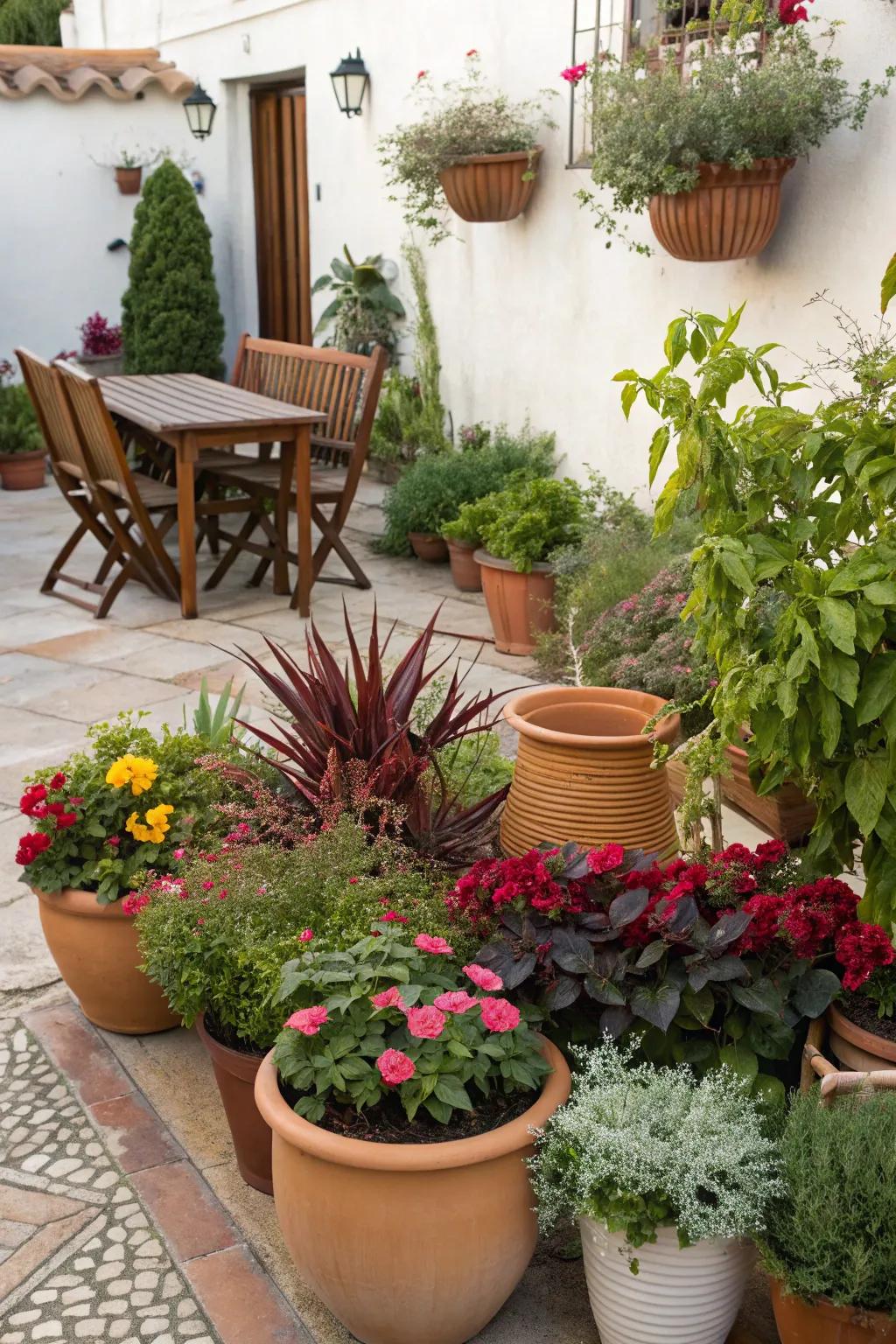 An array of potted plants adds a splash of color and style to any patio.