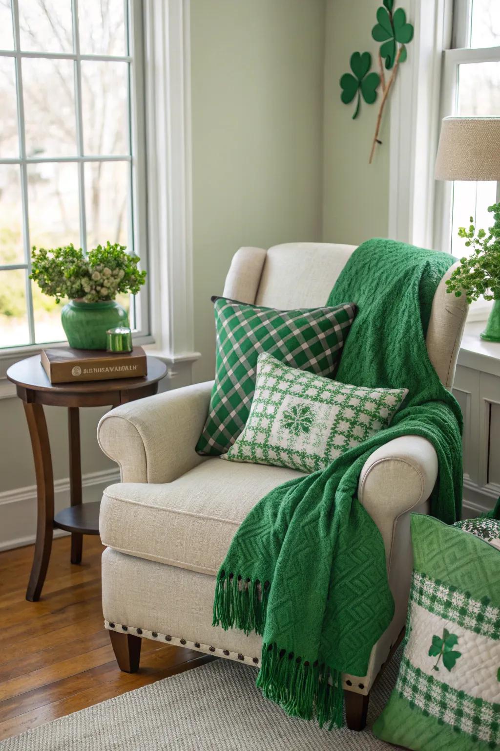 A snug green corner in the home ready for photo moments.