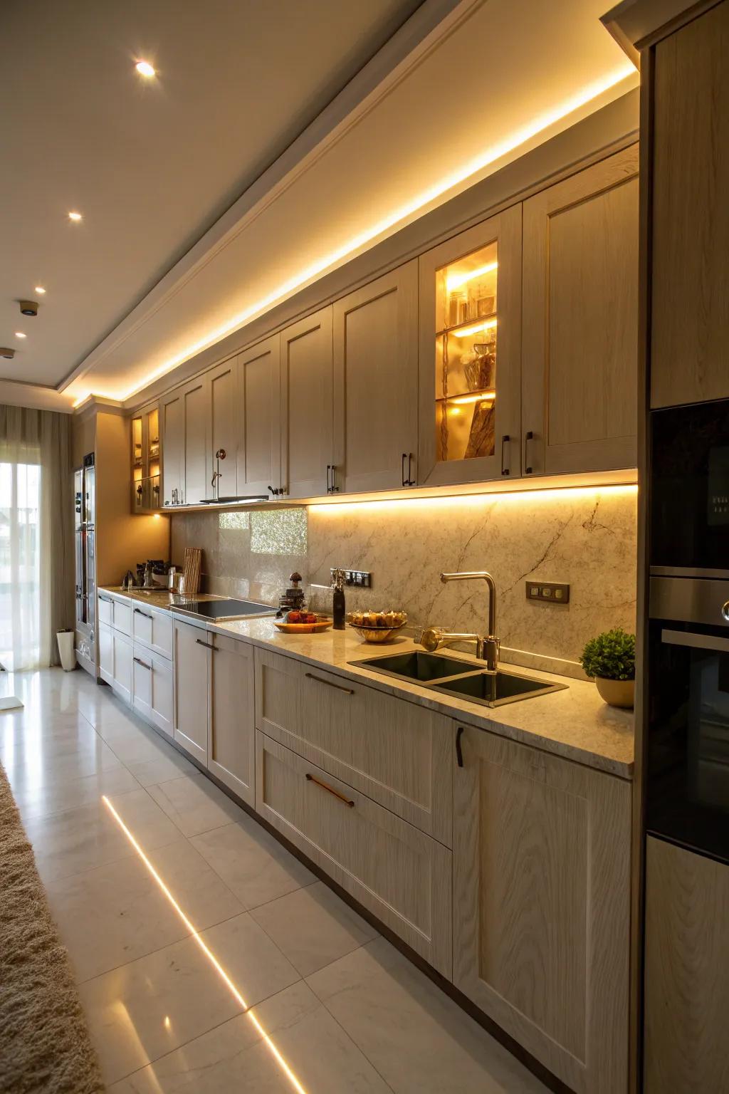 Integrated lighting adds warmth and elegance to your kitchen space.