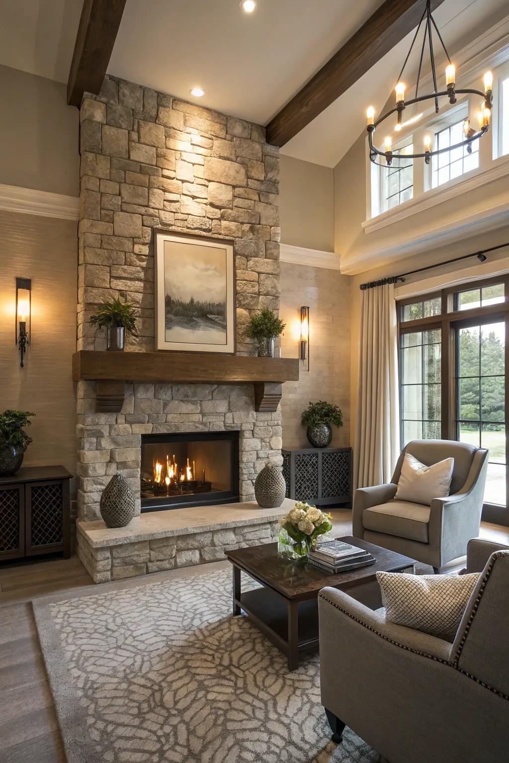 A contemporary space with a stone fireplace featuring a sleek floating mantel.