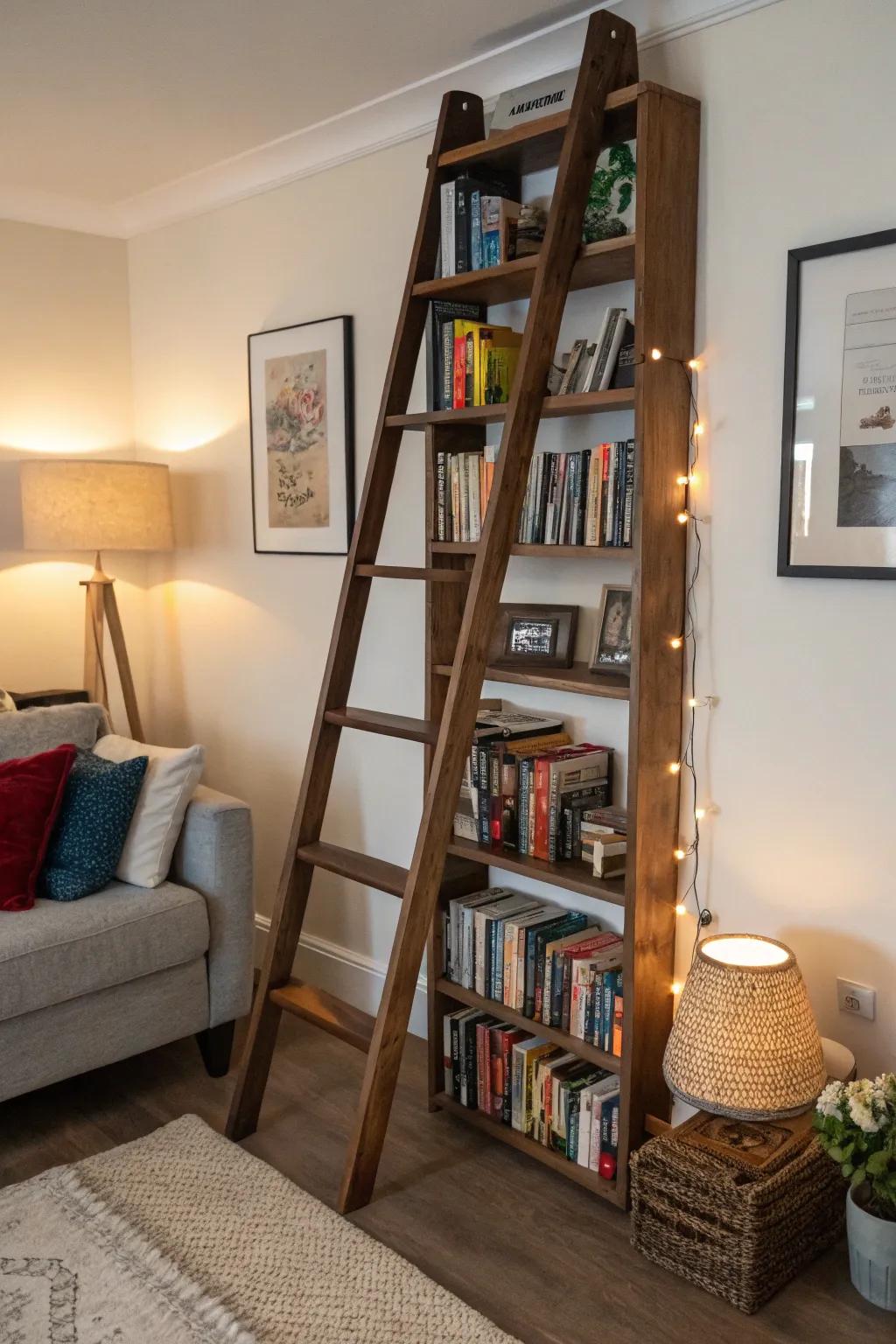 Ladder-style bookshelf in a small living room.