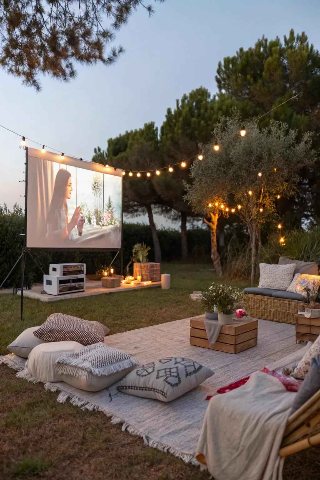 Enjoy a cinematic experience under the open sky with an outdoor movie setup.